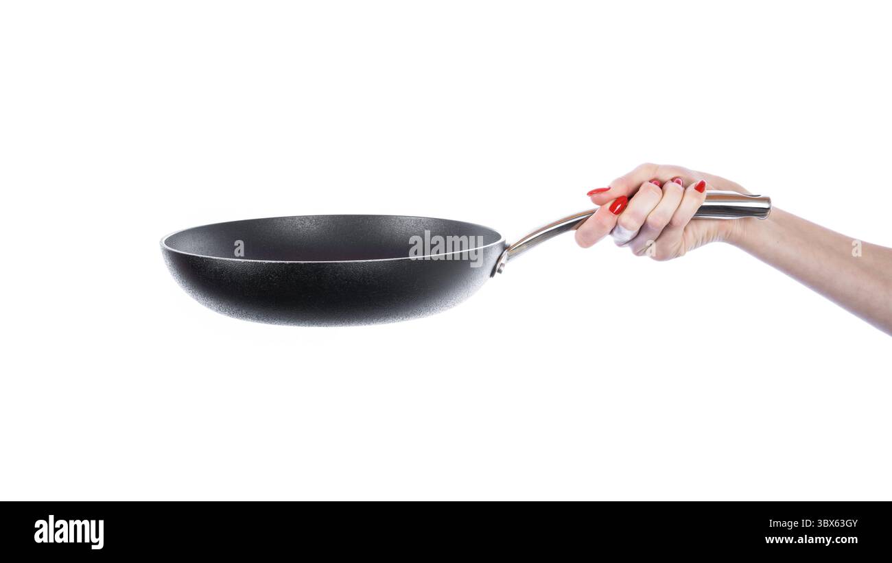 Femme hand holding poêle isolé sur fond blanc Banque D'Images
