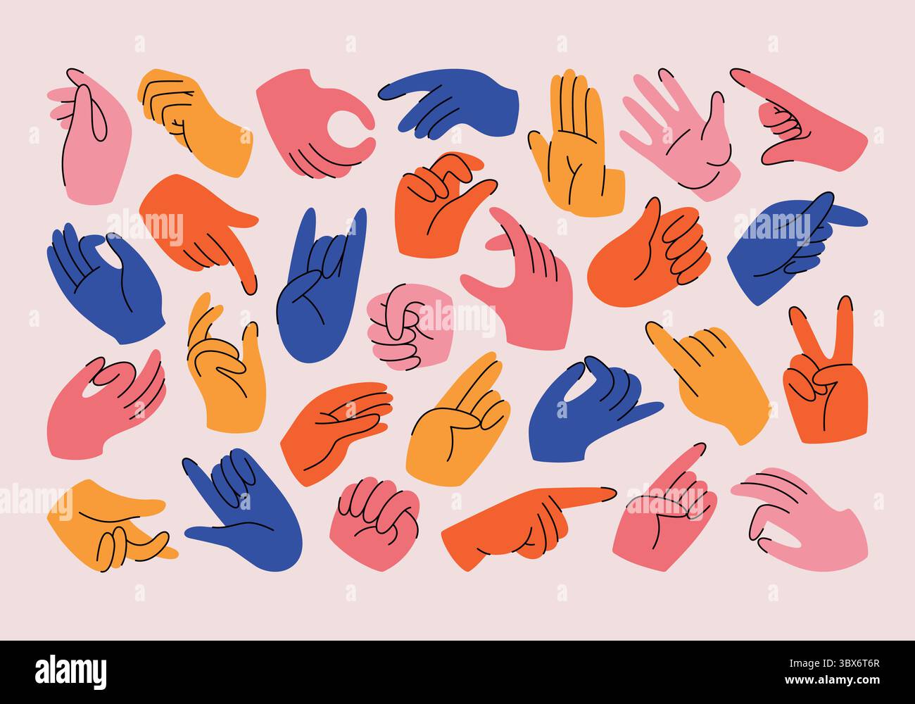 Jeu de mains avec différents gestes et signes. Illustrations vectorielles plates dessinées à la main, mains montrant des émotions, diverses positions des mains et des doigts. Illustration de Vecteur