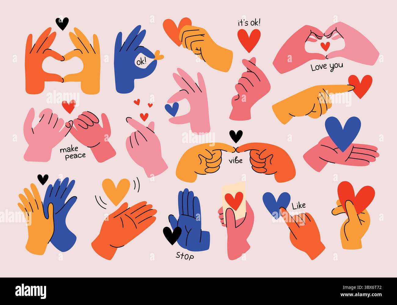 Ensemble de mains colorées avec différents gestes et signes. Illustrations vectorielles, mains montrant l'amour et l'amitié, positions différentes des mains, cœur. Illustration de Vecteur