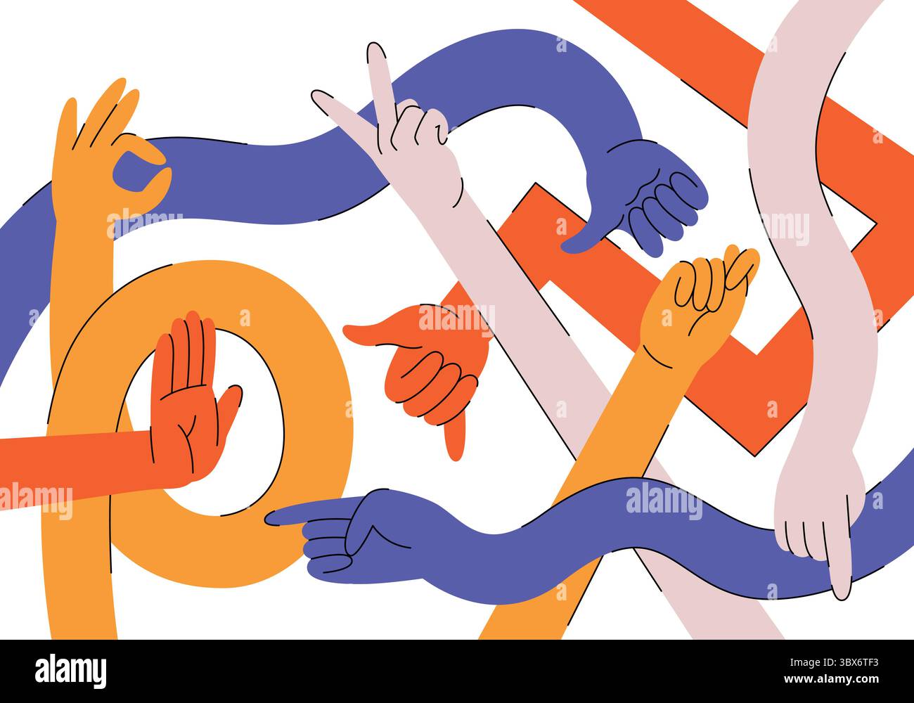 Différentes positions des mains et des doigts : pointer, tenir, OK, claquer les doigts, gestes des mains. Illustration des paumes et des poignets humains dans le style funky doodle. Illustration de Vecteur