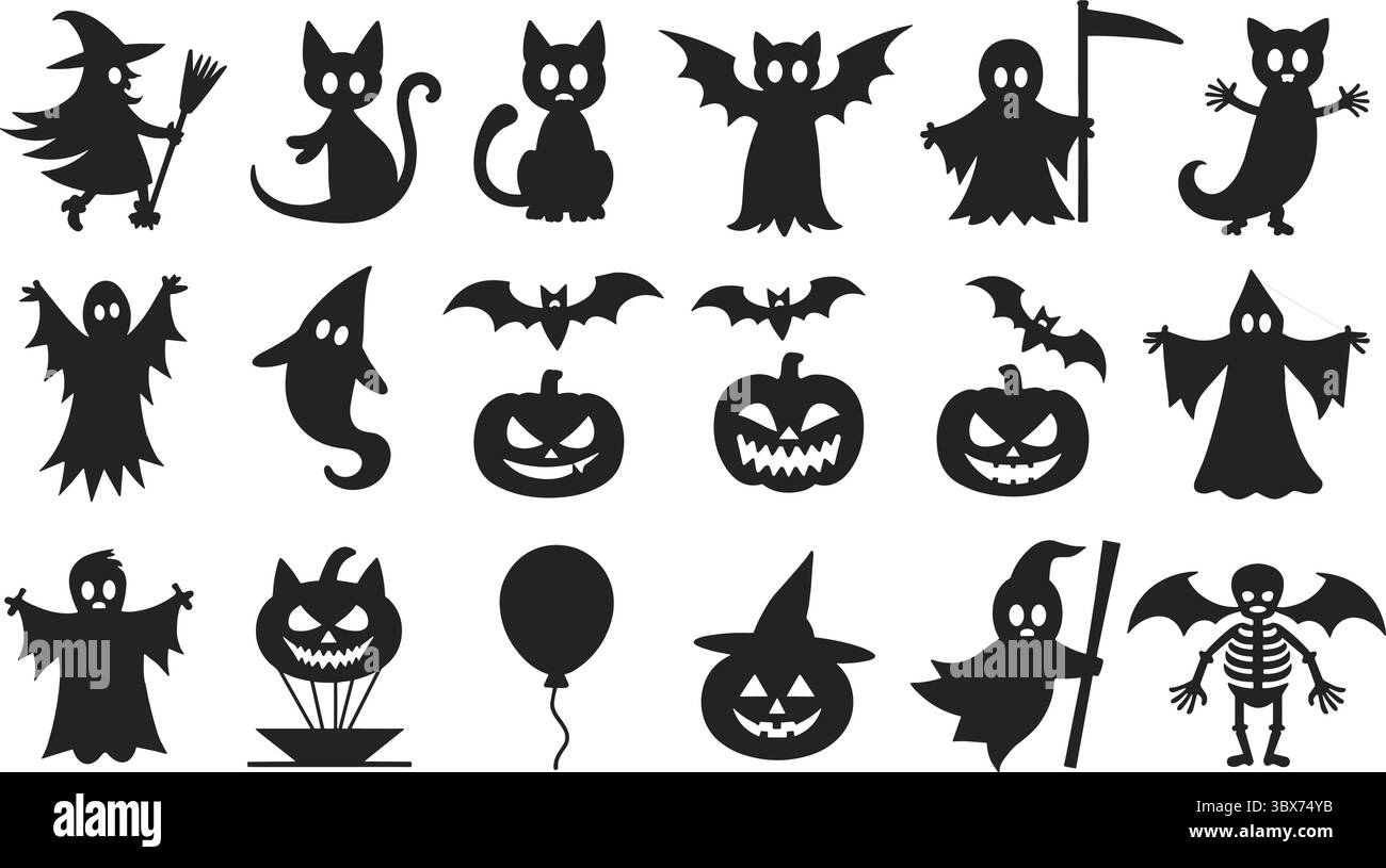 Halloween personnages silhouettes sorcière chat fantôme citrouille vecteur squelette chauve-souris Illustration de Vecteur