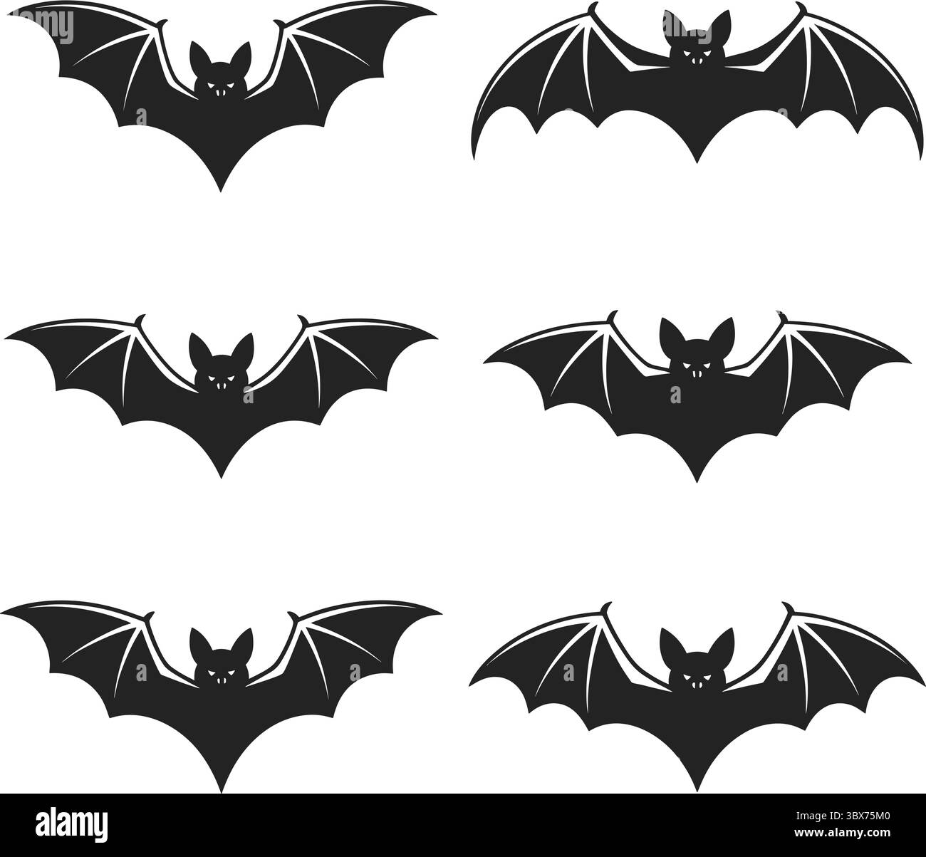 Six silhouettes de chauve-souris noires avec vecteur d'ailes déployées Illustration de Vecteur
