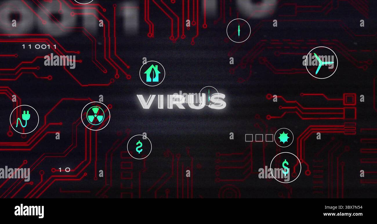 Affichage du texte de VIRUS glitching sur la carte de circuit imprimé, avec des traces rouges et des icônes de prise, de danger et de dollar Banque D'Images