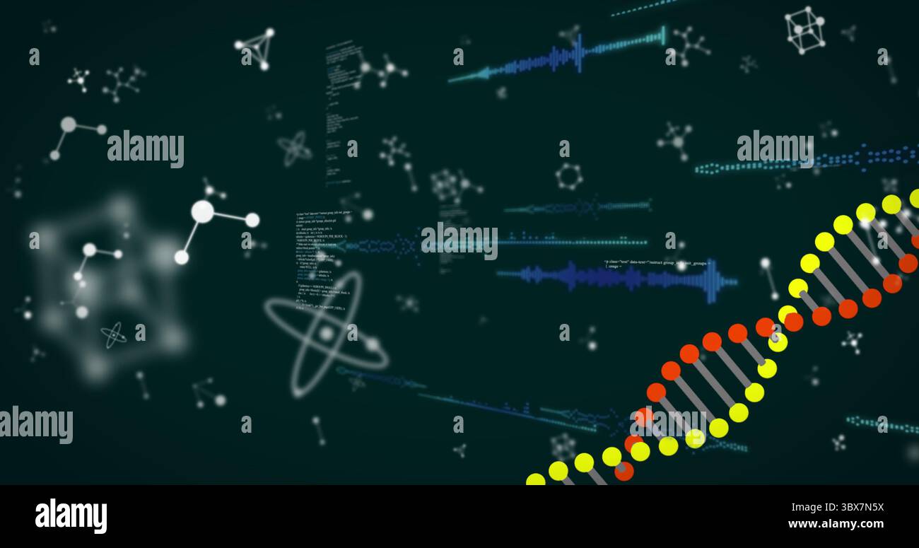 Affichage de l'hélice d'ADN en boucle à travers l'interface de science numérique, avec des extraits de code, espace de copie Banque D'Images