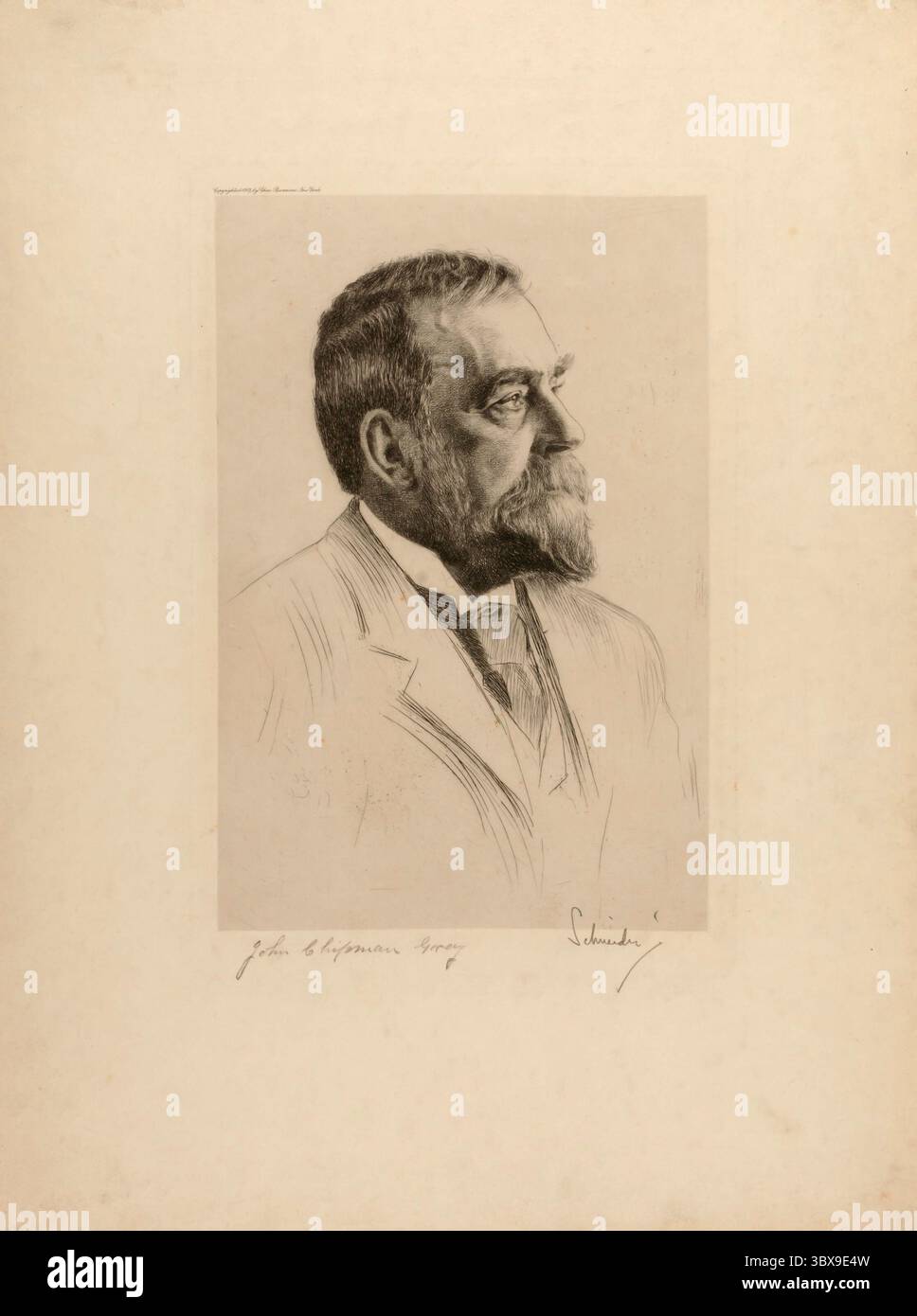 Portrait gravé du juriste américain John Chipman Gray, L.L.D., par Otto J. Schneider. Le rendu détaillé présente un profil gris avec une expression composée et une barbe distinguée. Banque D'Images