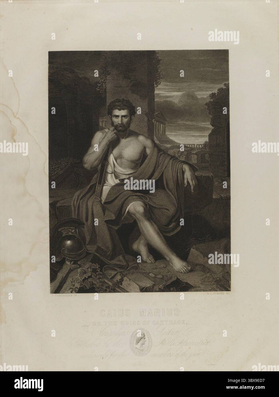 Gravure de Caius Marius sur les ruines de Carthage par Stephen Alonzo Schoff, d'après une peinture de John Vanderlyn. L'image représente le général romain en exil contemplatif parmi les ruines antiques, drapé dans une robe classique avec des symboles de la guerre à ses pieds. Banque D'Images