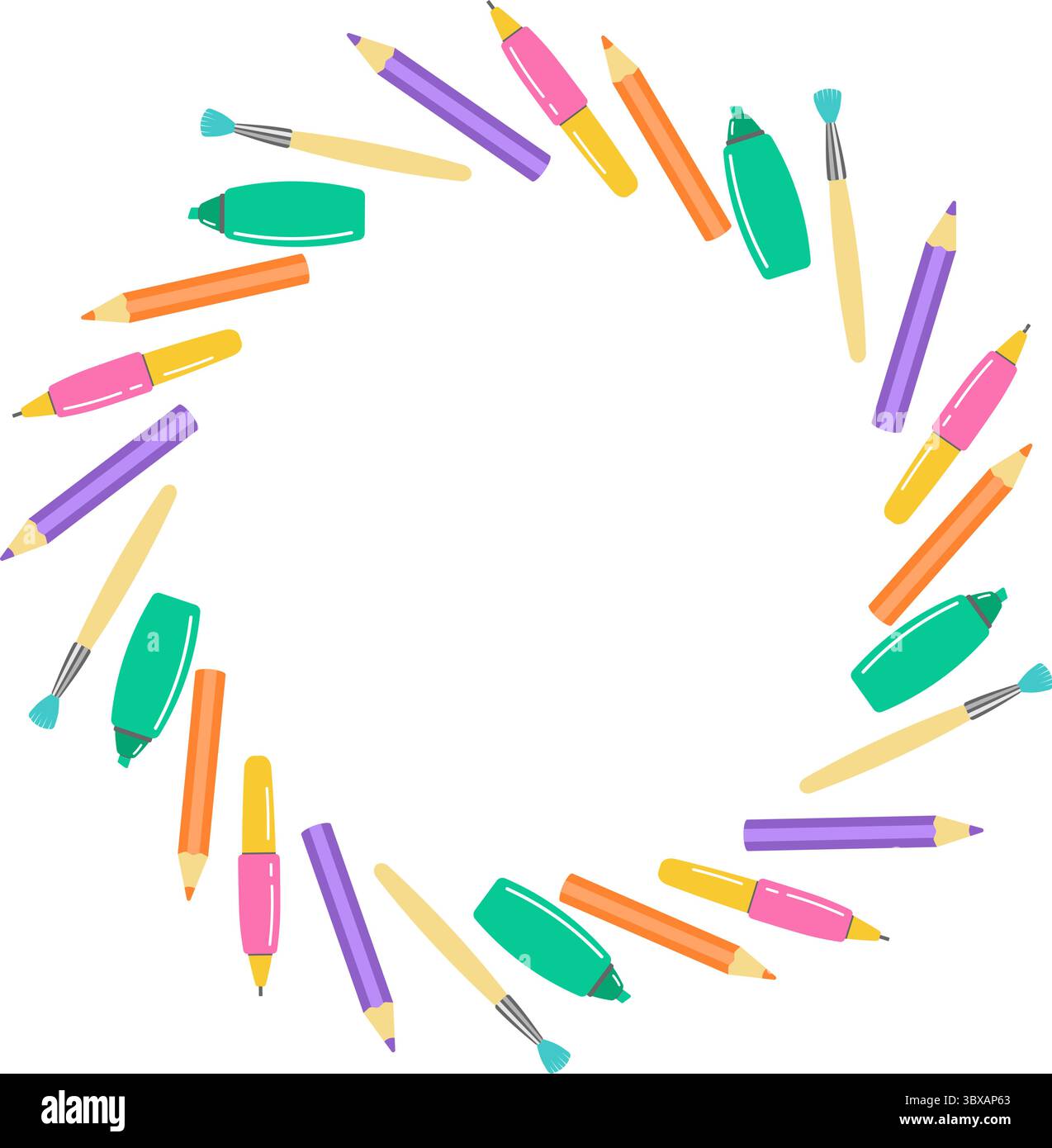 Une couronne ludique et colorée de retour à l'école avec des fournitures scolaires, des crayons, des pinceaux et des marqueurs, parfaite pour les dessins de retour à l'école Illustration de Vecteur