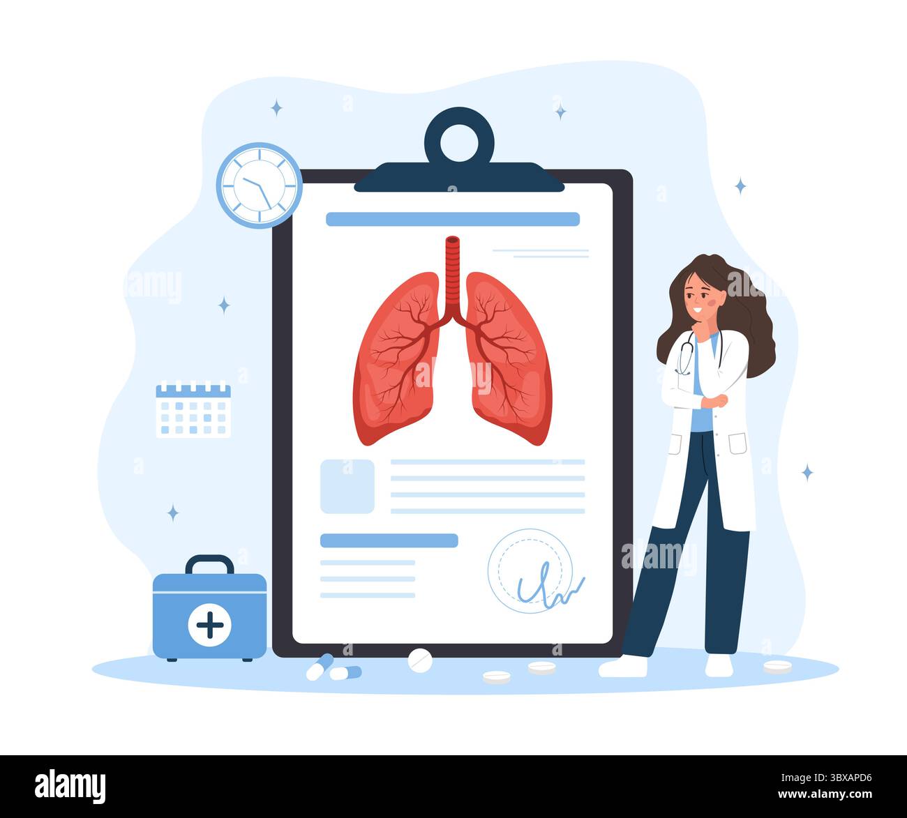 Concept du pneumologue. Femme médecin recherchant la transplantation pulmonaire. Chirurgien d'organe interne. Illustration vectorielle plate Illustration de Vecteur