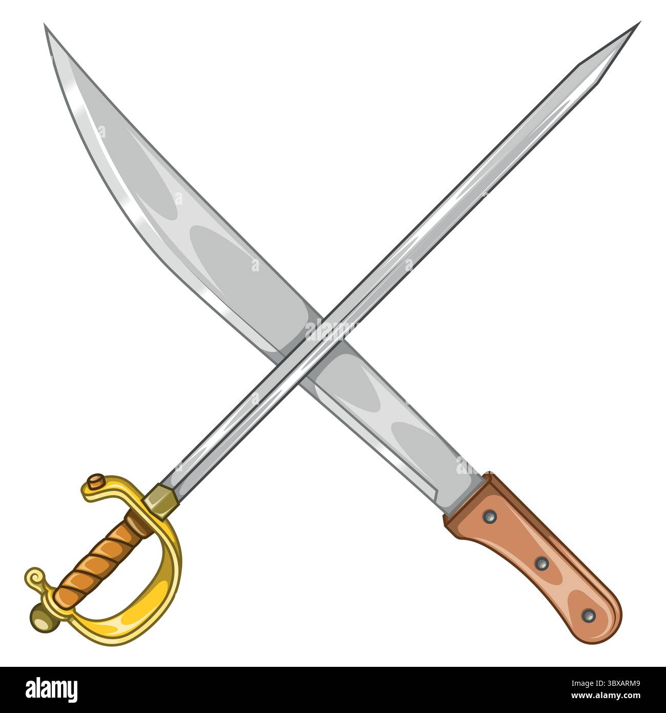 Arme froide avec lame métallique, machette et épée, épées utilisées dans la pratique de l'escrime, machette pour le travail agricole Illustration de Vecteur