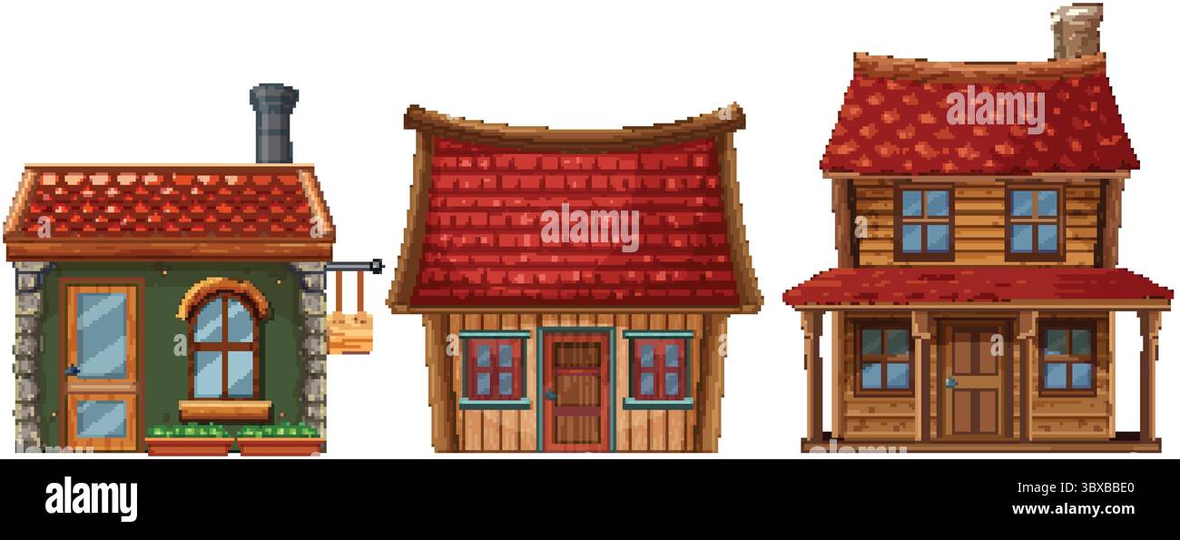 Illustration vectorielle de trois maisons de village pittoresques avec des toits rouges, présentant un style de dessin animé fantaisiste et coloré Illustration de Vecteur