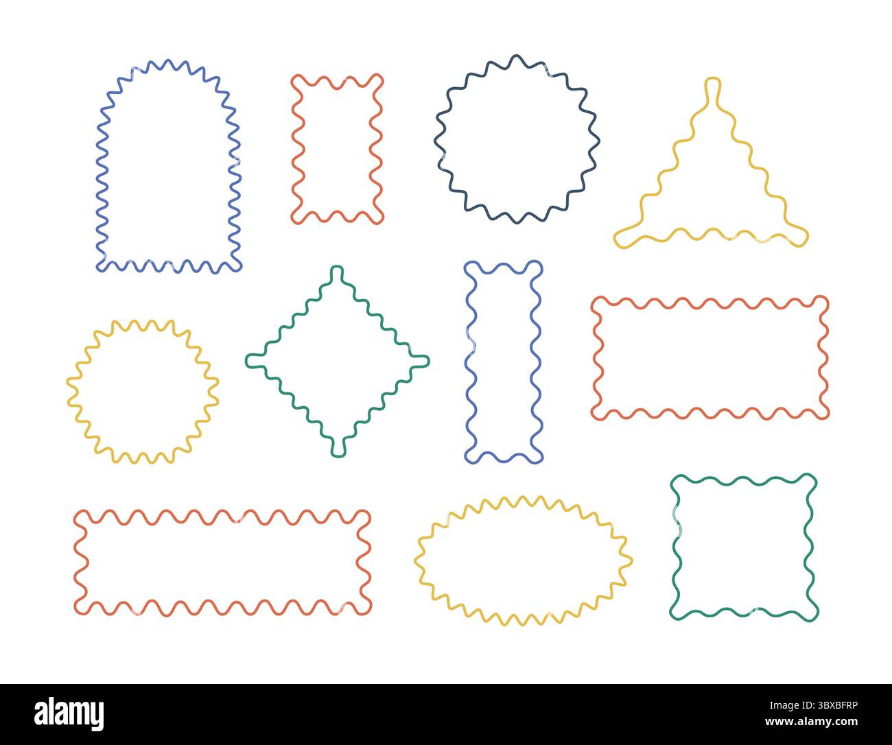 Ondulé, bordures en zigzag formes géométriques, figures. Lignes de couleur vectorielles de formes carrées, arquées, ovales, rondes et rectangulaires. Illustration de Vecteur