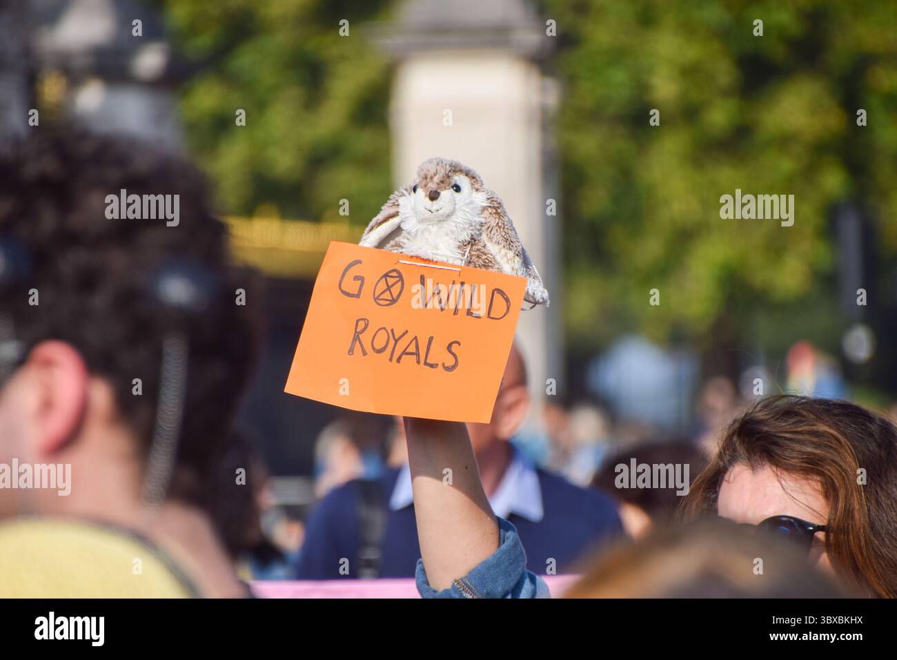 9 octobre 2021, Londres, Royaume-Uni : un manifestant tient un jouet animal en peluche et une petite pancarte qui dit 'Go Wild Royals' pendant la manifestation. Manifestants, enfants et familles se sont rassemblés devant Buckingham Palace et ont remis une pétition demandant à la famille royale de re-sauvages leurs terres pour augmenter la faune et aider à lutter contre la crise climatique. (Crédit image : © Vuk Valcic/SOPA images via ZUMA Press Wire) Banque D'Images