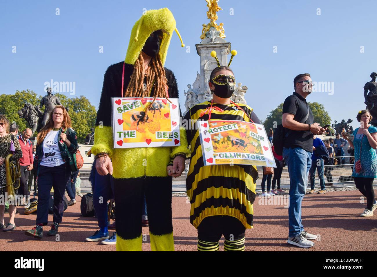 9 octobre 2021, Londres, Royaume-Uni : les manifestants habillés en abeilles portent des pancartes « Sauvez les abeilles » et « protégez nos pollinisateurs » pendant la manifestation. Les manifestants, les enfants et les familles se sont rassemblés devant le palais de Buckingham et ont remis une pétition demandant à la famille royale de re-sauvages leurs terres pour augmenter la faune et aider à lutter contre la crise climatique. (Crédit image : © Vuk Valcic/SOPA images via ZUMA Press Wire) Banque D'Images