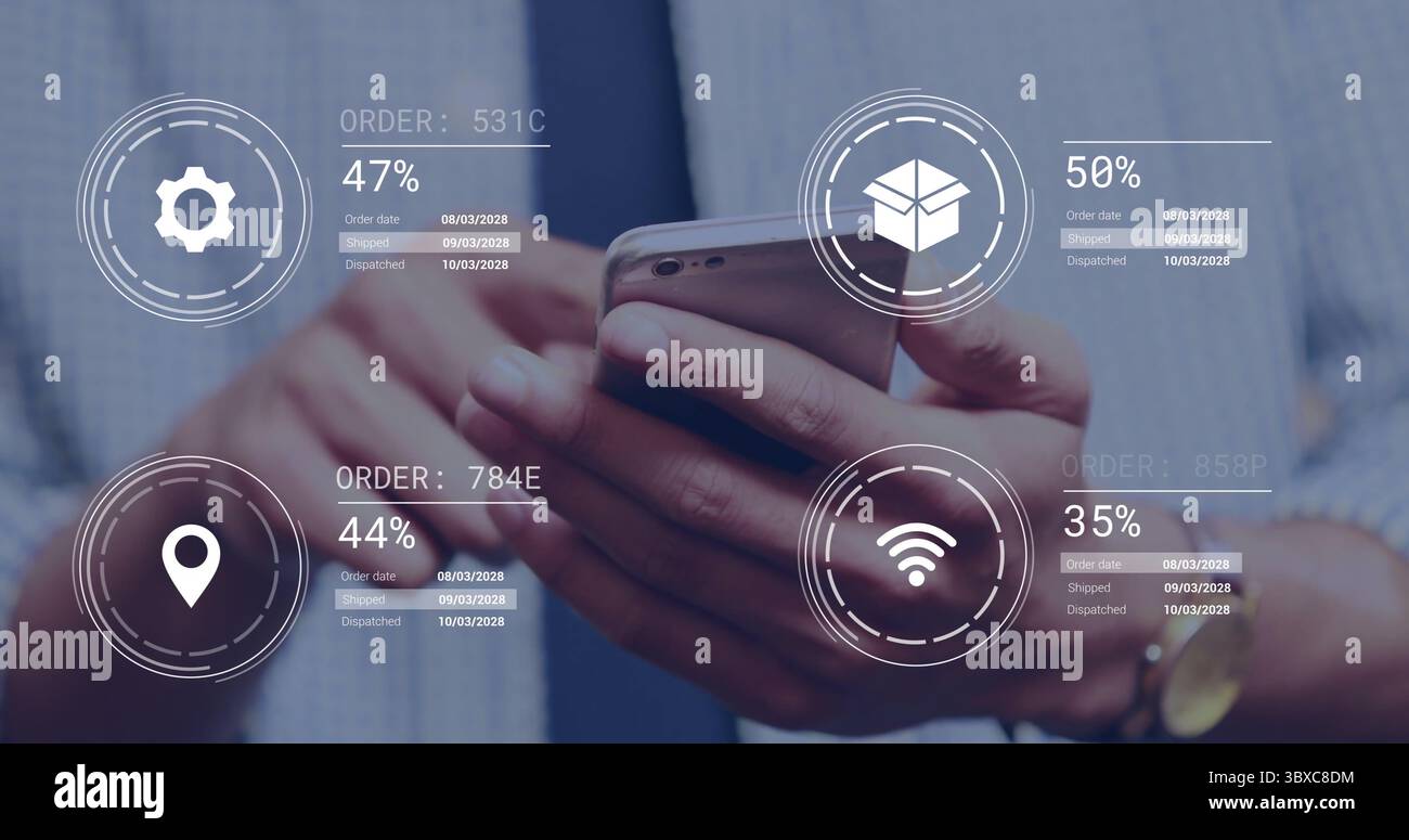 Examen des mains de cadres en appuyant sur des superpositions de suivi sur le téléphone au bureau, avec des icônes d'engrenage et de boîte Banque D'Images