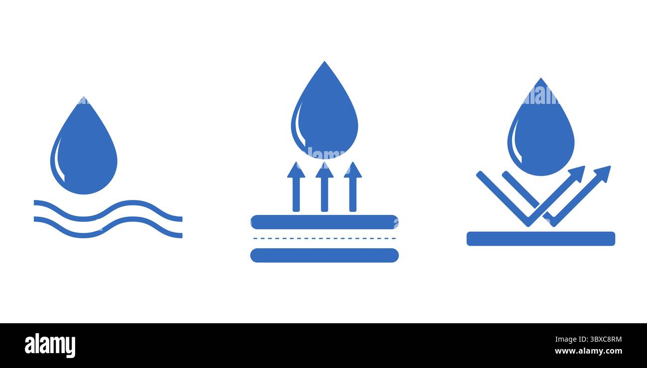 Ensemble d'icônes imperméables et anti-intempéries. Les gouttes vectorielles bleues avec des symboles résistants. Idéal pour les étiquettes, l'emballage, l'entretien des tissus ou les interfaces numériques Illustration de Vecteur