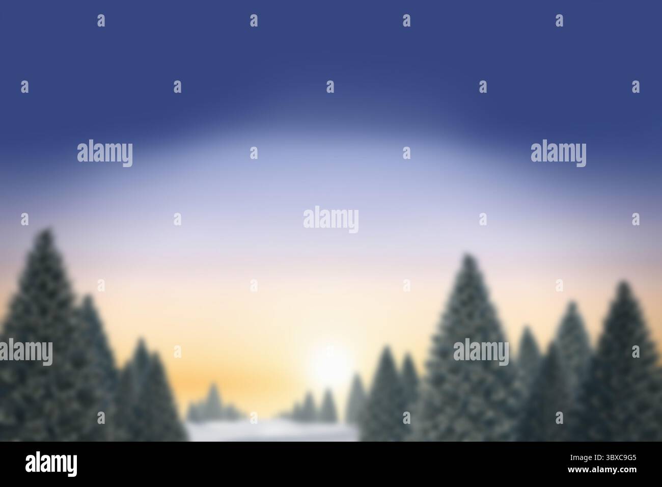 Le paysage de lever de soleil d'hiver se déploie dans un design plat, avec des arbres à feuilles persistantes couverts de neige et de la brume Banque D'Images