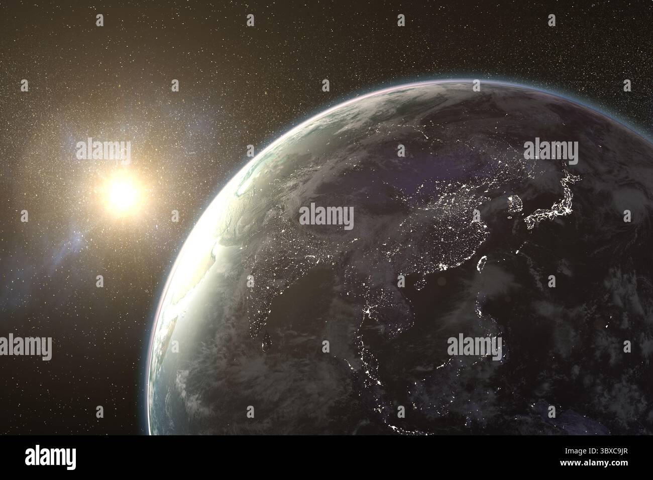 Soleil brillant derrière la planète Terre Banque D'Images