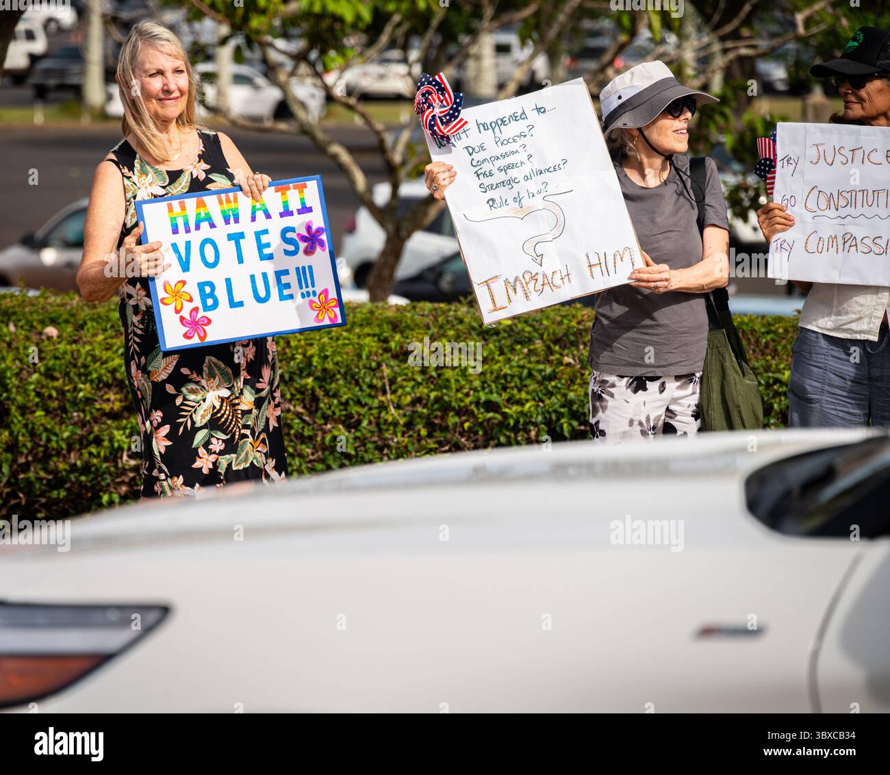 Une femme agite un signe Hawaii votes Blue (qui signifie le Parti démocrate) devant les automobilistes lors d'un rassemblement Make Good trouble au Kukui Grove Mall. Banque D'Images