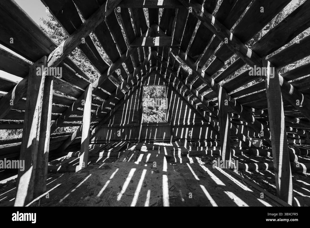 Vue intérieure d'une structure en bois présentant des poutres apparentes avec la lumière du soleil créant des motifs uniques. Photographie abstraite de fond noir et blanc Banque D'Images