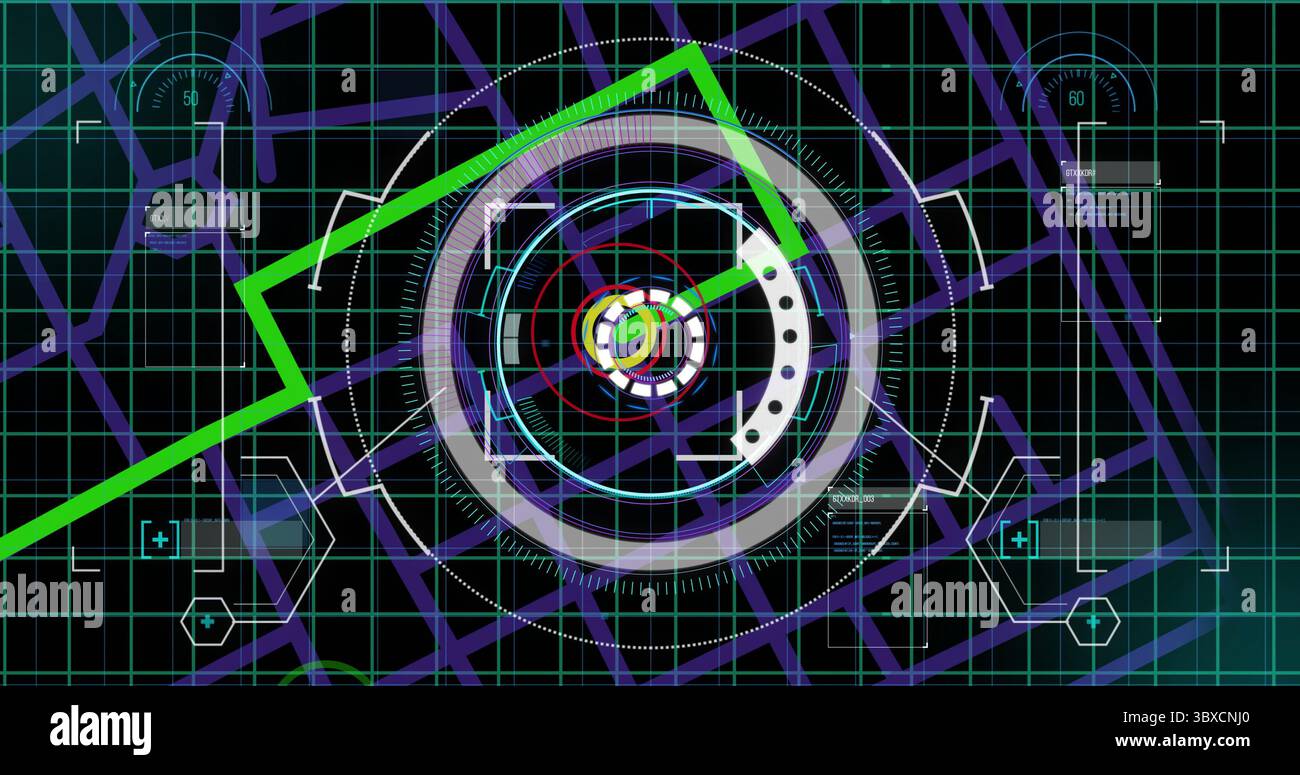 Affichage de l'interface circulaire centrale sur le tableau de bord futuriste, avec grille verte et ligne de tendance Banque D'Images