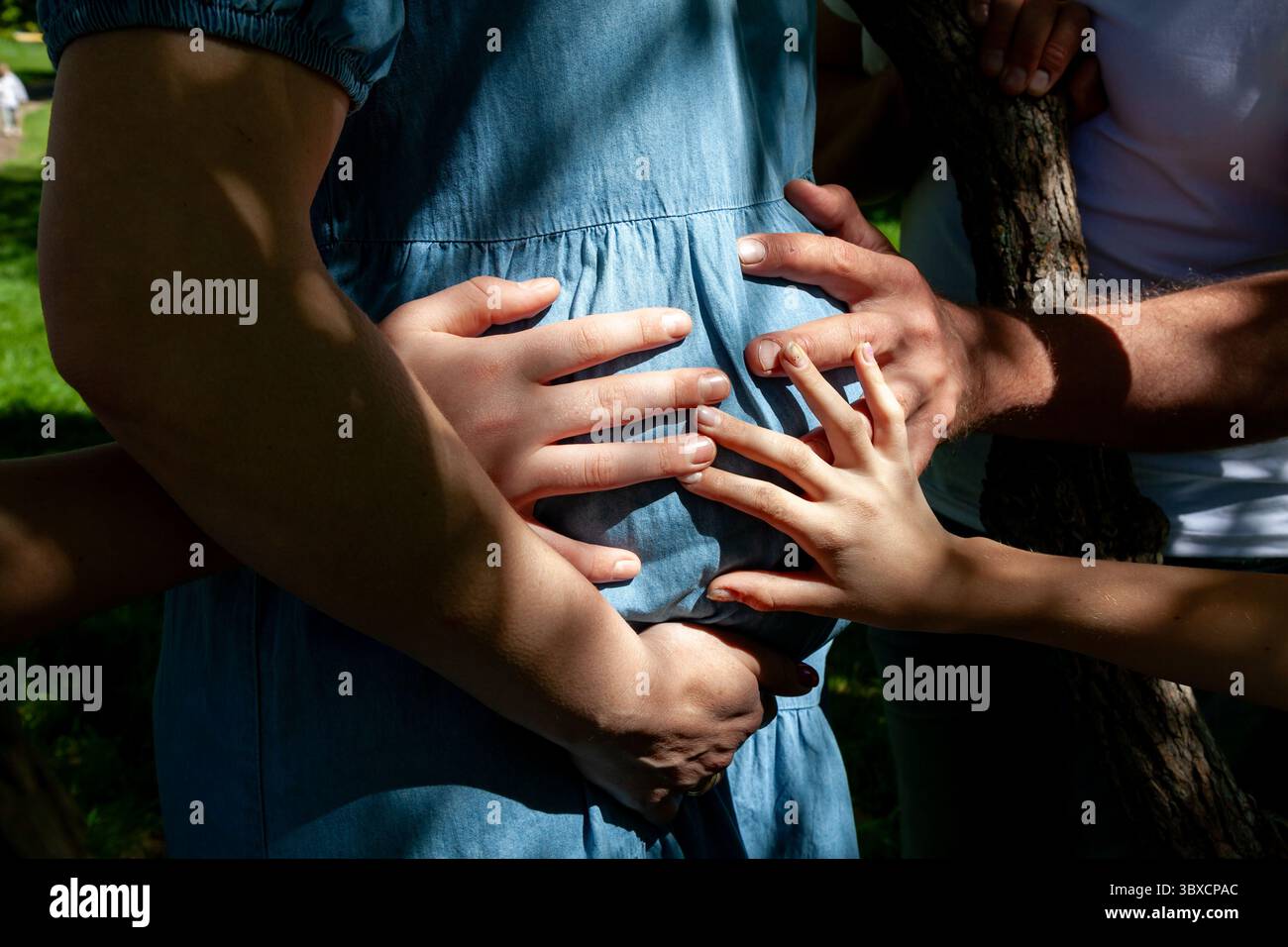 Gros plan de plusieurs mains, y compris des enfants, touchant doucement le ventre d'une femme enceinte à l'extérieur, symbolisant l'amour, l'unité et l'anticipation d'un nouveau Banque D'Images