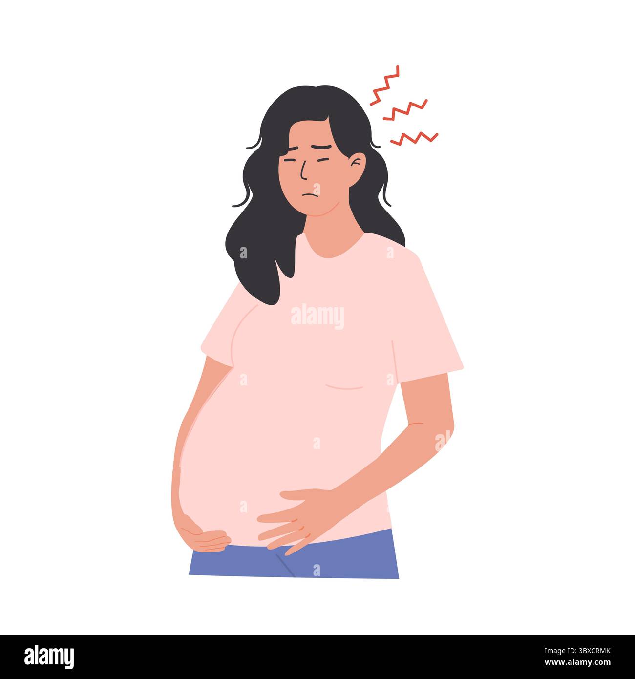 Femme enceinte au troisième trimestre éprouvant des maux de tête, inconfort, douleur et symptômes de fatigue. Modifications hormonales tardives de la grossesse et tension physique Illustration de Vecteur
