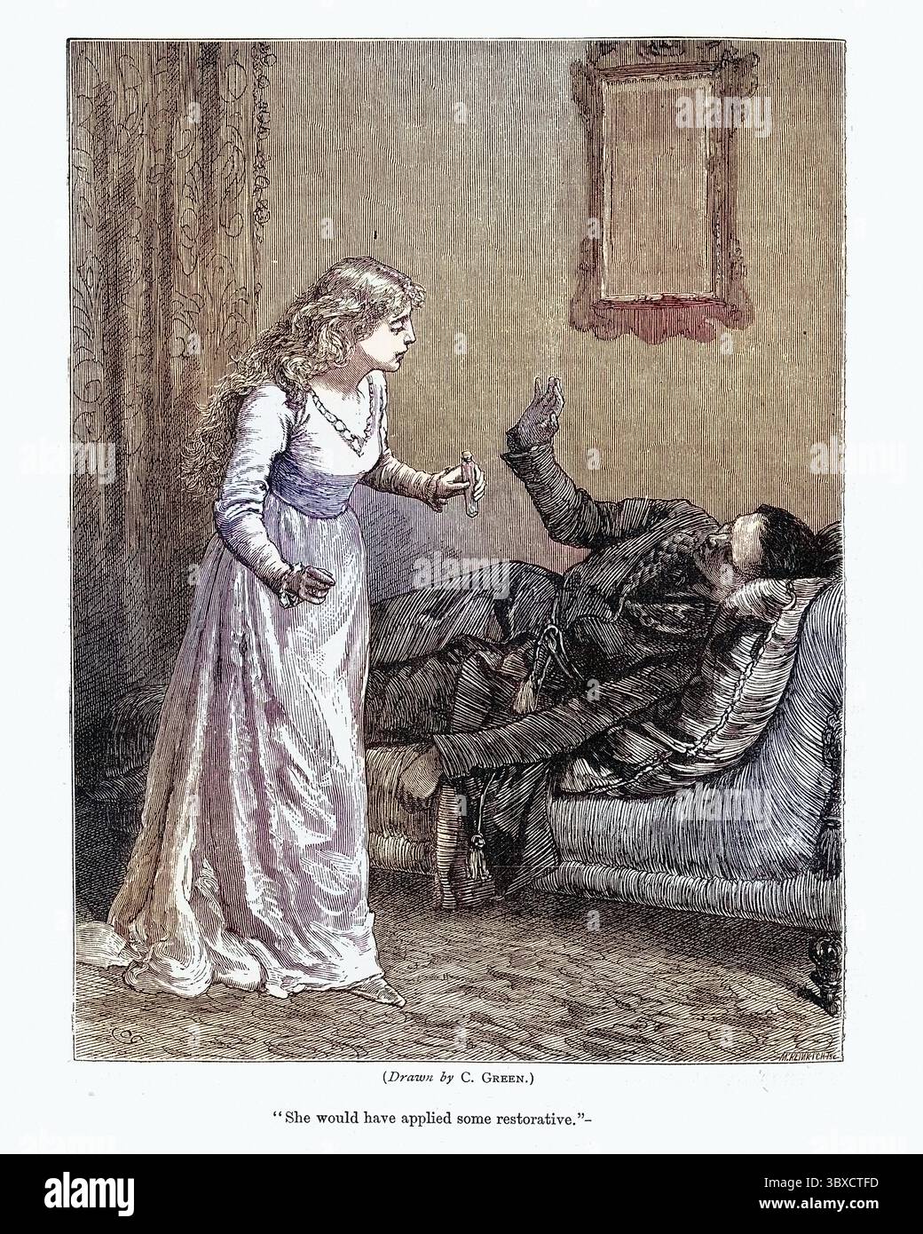 Illustration vintage de jeune femme essayant de donner la médecine à un homme malade, victorienne des années 1870, 19ème siècle Banque D'Images