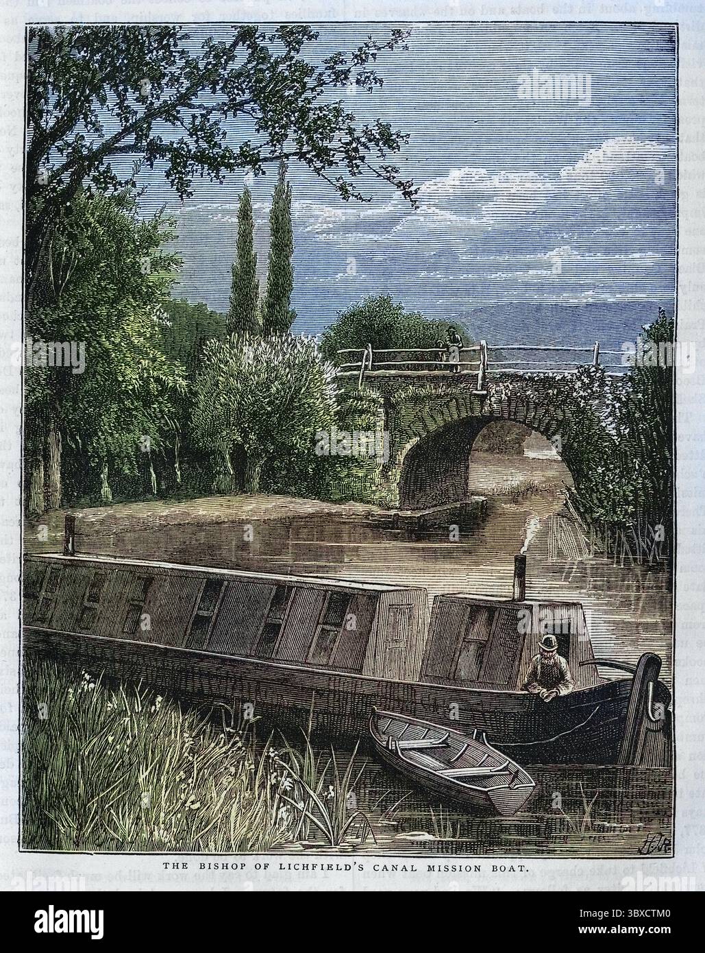 Illustration vintage, bateau étroit sur un canal, Angleterre, années 1870, transport du 19ème siècle. Évêque de Lichfield's canal Mission Boat Banque D'Images