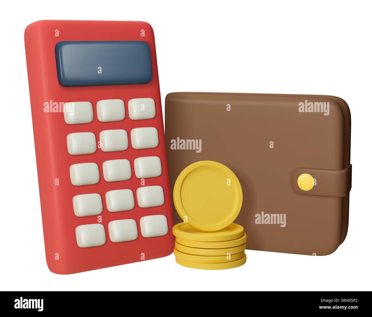 Calculatrice, pile de pièces de monnaie et portefeuille illustration vectorielle 3d isolé sur un fond blanc. Comptabilité, gestion financière et épargne concp Illustration de Vecteur