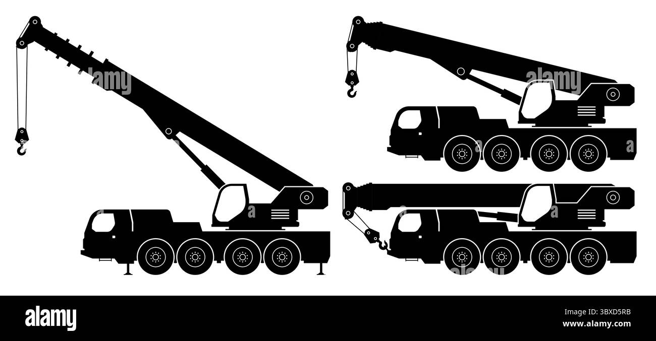 Silhouette de grue de camion sur un fond blanc. Illustration vectorielle des icônes du véhicule vue de côté Illustration de Vecteur