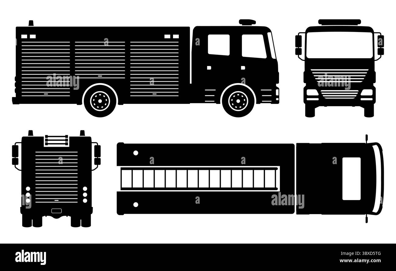 Silhouette de camion de pompiers sur un fond blanc. Les icônes du véhicule définissent la vue latérale, avant, arrière et supérieure Illustration de Vecteur
