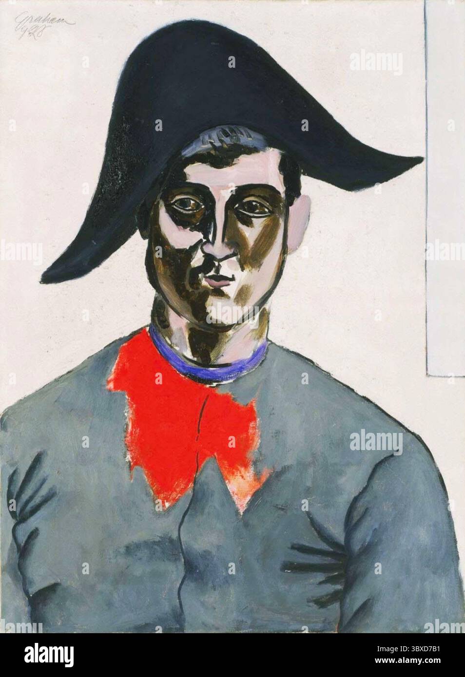 John D. Graham - Arlequin in Gray - 1928 - Arlequin, portant un chapeau pointu noir distinctif et un vêtement gris avec un élément de cou rouge proéminent. Banque D'Images