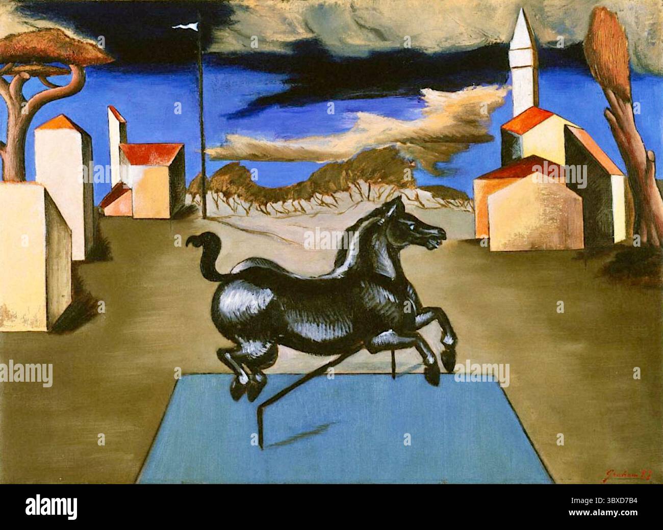 John D. Graham - cheval de fer - 1927 - cheval de fer noir dans un paysage moderniste. Banque D'Images