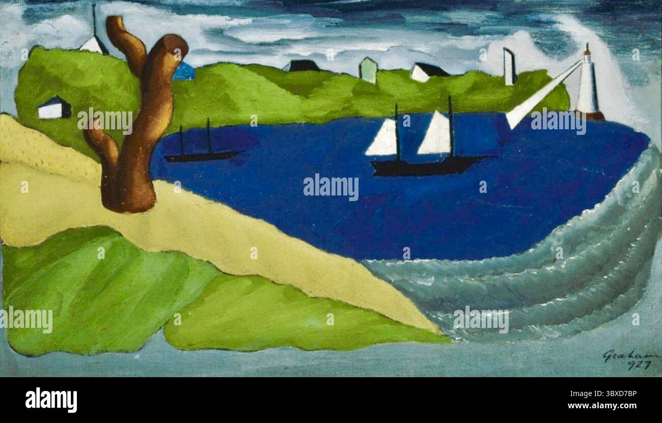 John d Graham - voilier - 1927 - paysage stylisé avec un plan d'eau, des bateaux, un phare et un arbre proéminent au premier plan. Banque D'Images