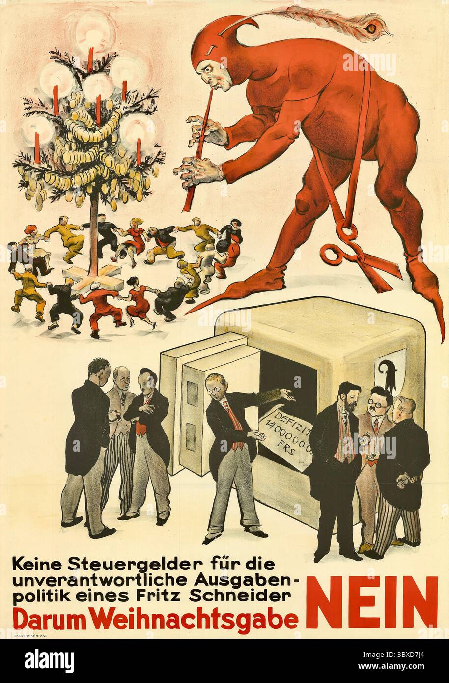 Otto Plattner - Une grande figure rouge, ressemblant à un bouffon, représentant peut-être des dépenses inutiles en jouant une pipe et en ayant de grands ciseaux rouges Banque D'Images