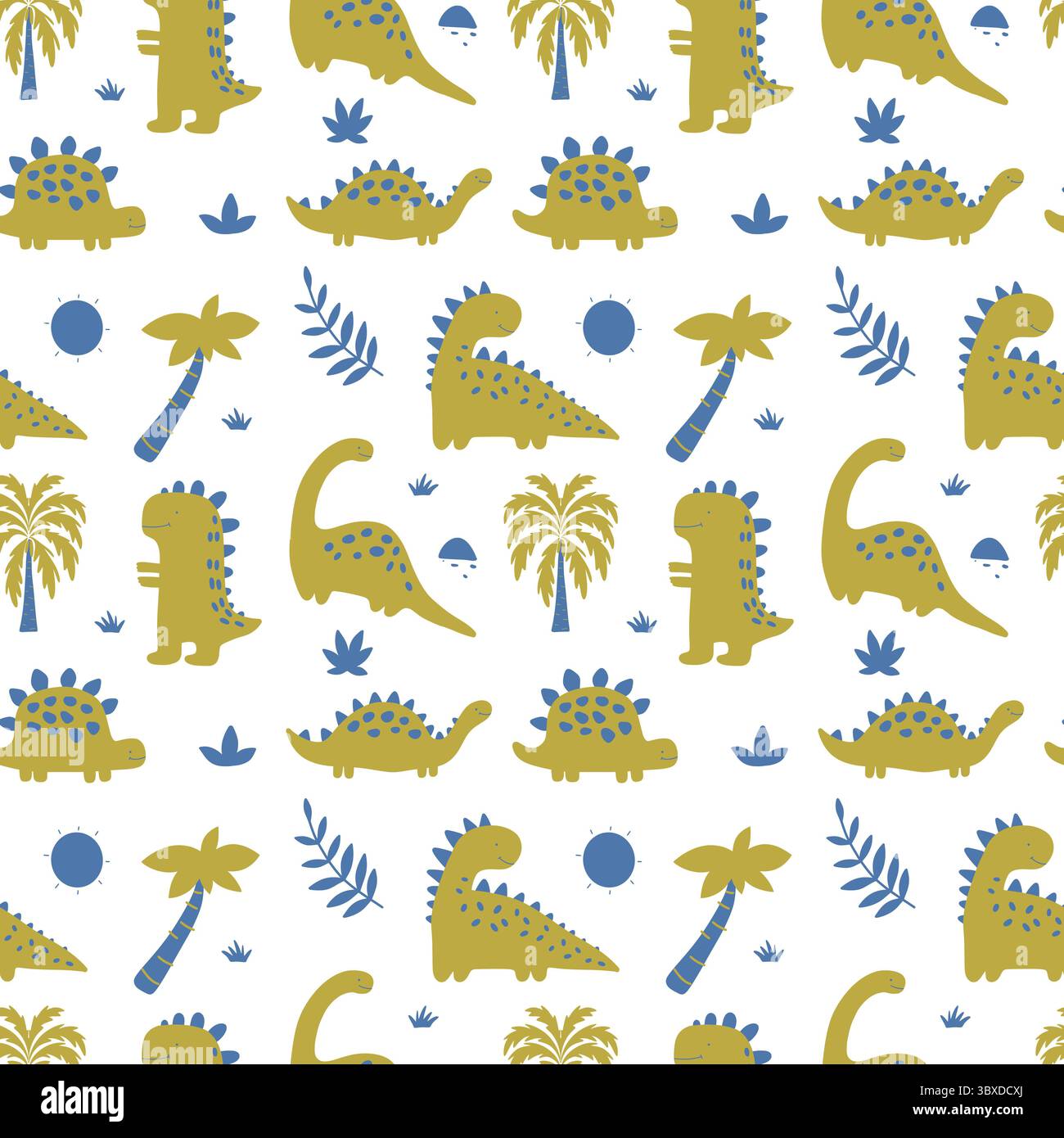 Motif sans couture avec divers dinosaures amicaux, palmiers et plantes préhistoriques dans un design ludique et répétitif Banque D'Images