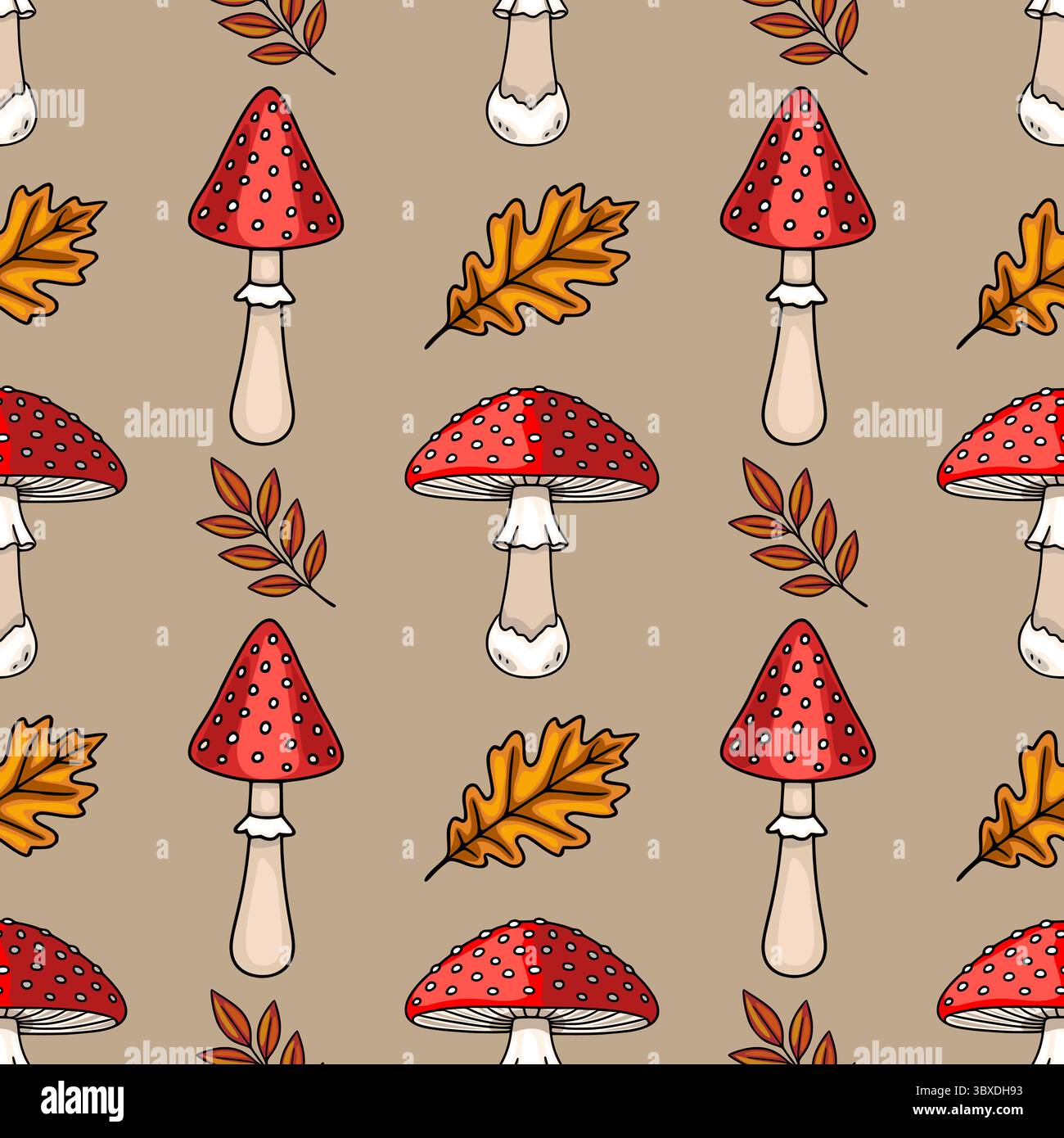 Motif vectoriel sans couture avec des illustrations dessinées à la main de tabourets rouges, de feuilles de chêne et de branches automnales sur un fond beige, créant un char Illustration de Vecteur