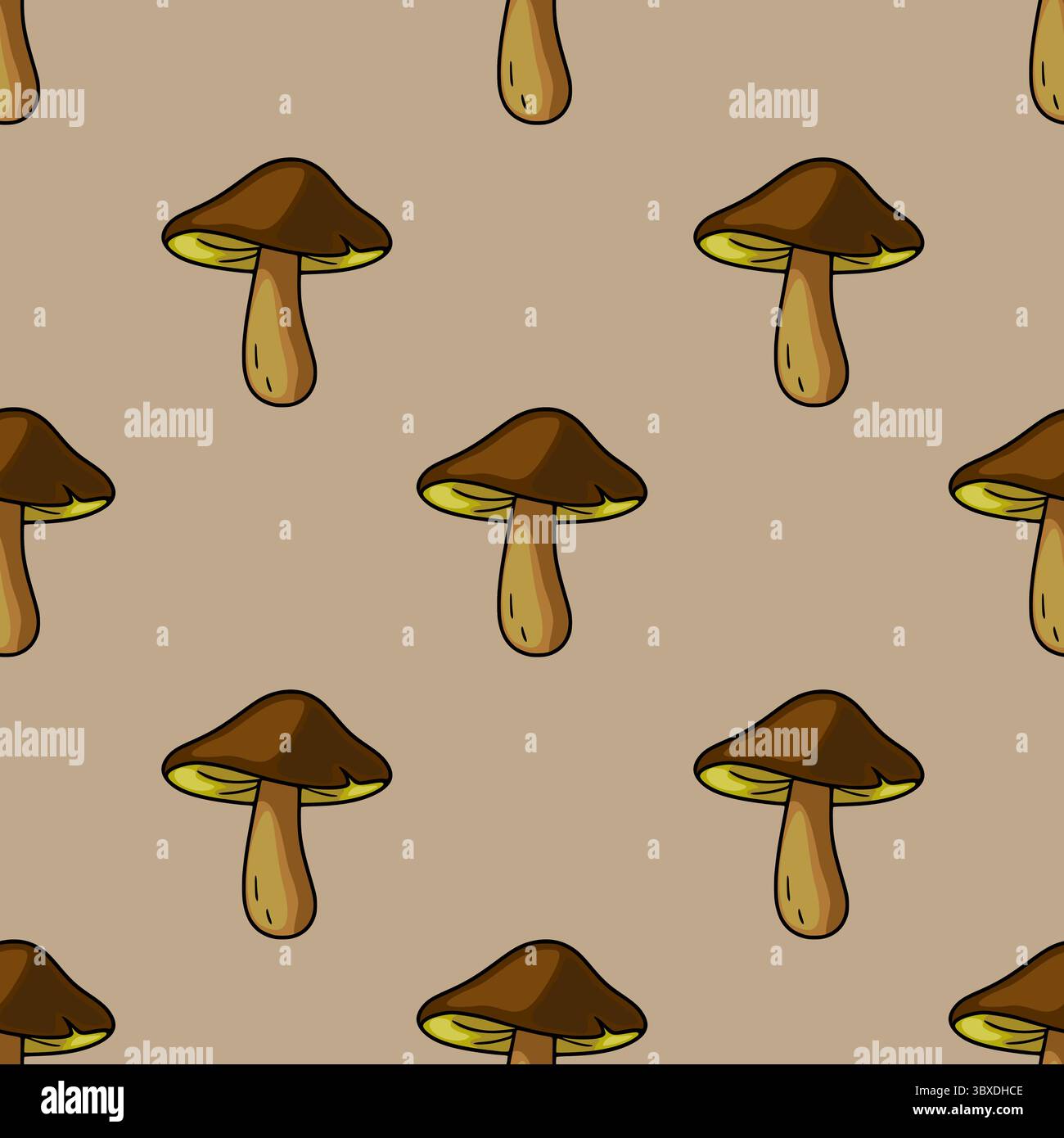 Motif vectoriel sans couture de champignons bruns stylisés avec des branchies jaunâtres sur un fond taupe, créant un charmant design automnal. Illustration de Vecteur