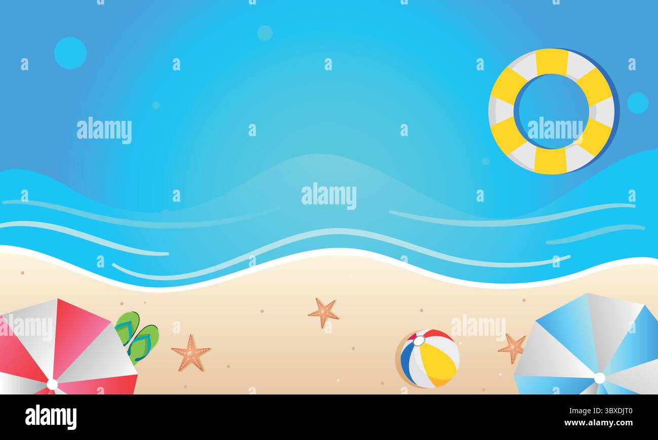 Belle scène de plage d'été avec espace de copie pour votre texte, vacances ou concept de vacances avec parasols, poissons étoiles, sable et océan Illustration de Vecteur