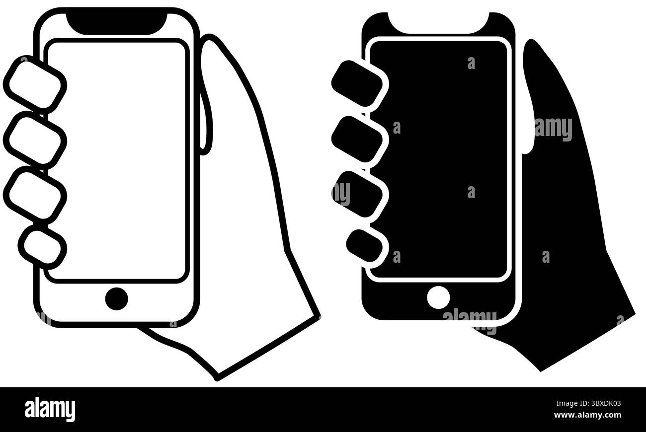Téléphone portable ou téléphone cellulaire avec les mains utilisant, utilisation de l'application en ligne de l'appareil technologique en noir et blanc, isolé sur un fond blanc Illustration de Vecteur