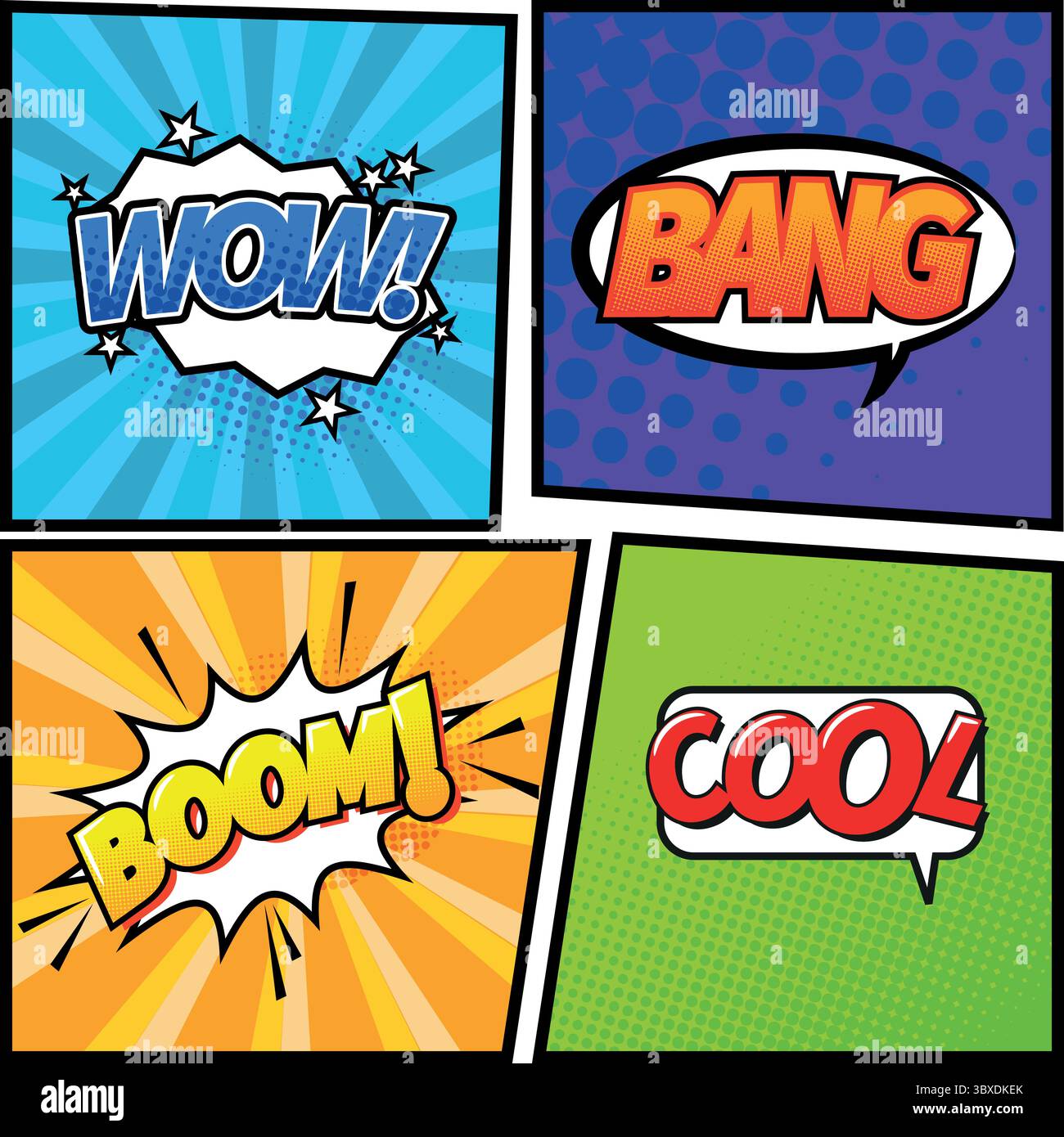 Fond coloré de mots d'explication de bande dessinée avec des motifs demi-teintes, explosion de nuage de style popart ou bulle de discours Illustration de Vecteur