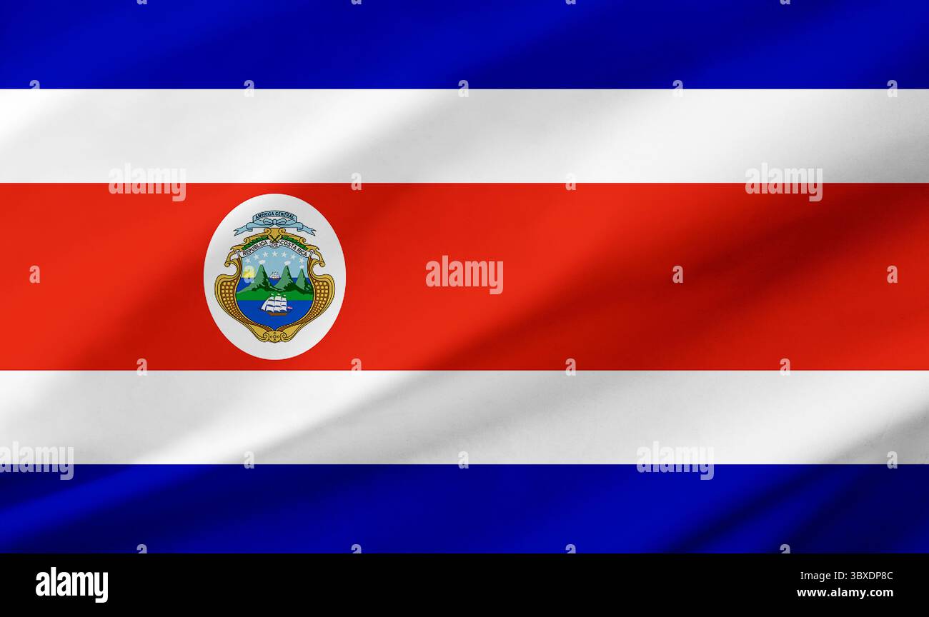 Détail de fond du drapeau du Costa Rica occupant tout le cadre avec la texture de tissu ondulant. Banque D'Images