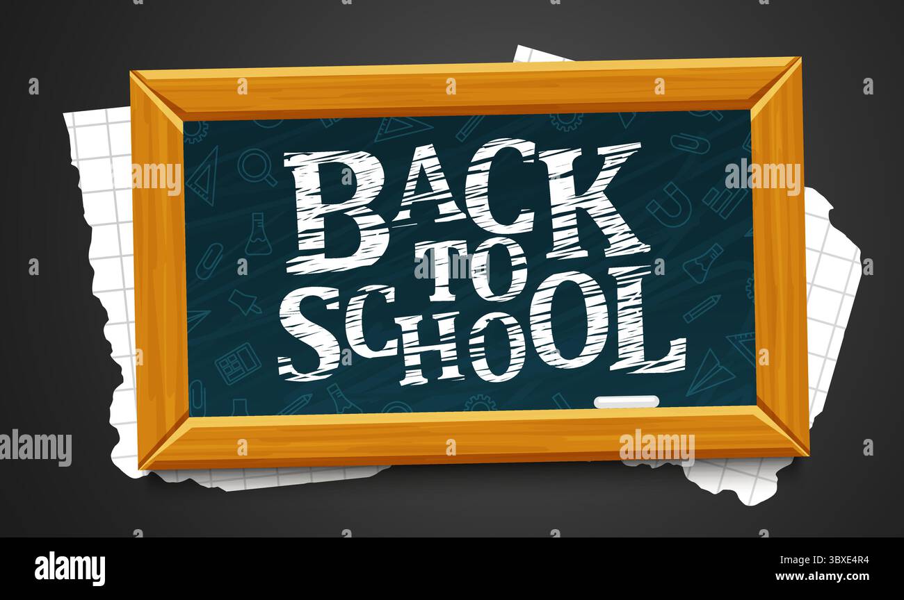 Design de modèle vectoriel de texte de retour à l'école. Salut de retour à l'école dans un tableau de craie verte. Illustration vectorielle. Illustration de Vecteur