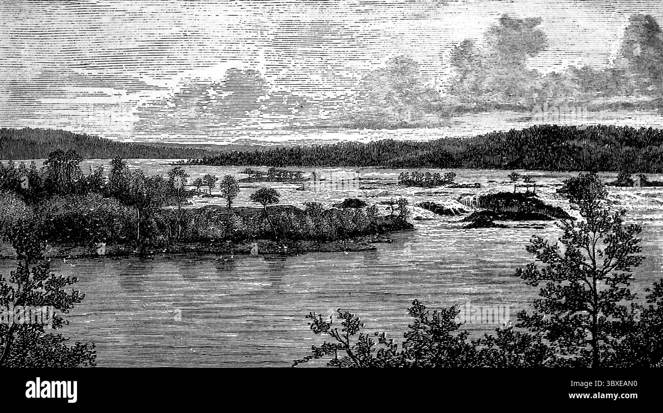 Paysage de lac finlandais, monde insulaire, forêts, promontoire, paysage naturel paisible, solitude, vue historique, Finlande, Seydlitz Géographie 1885 Banque D'Images