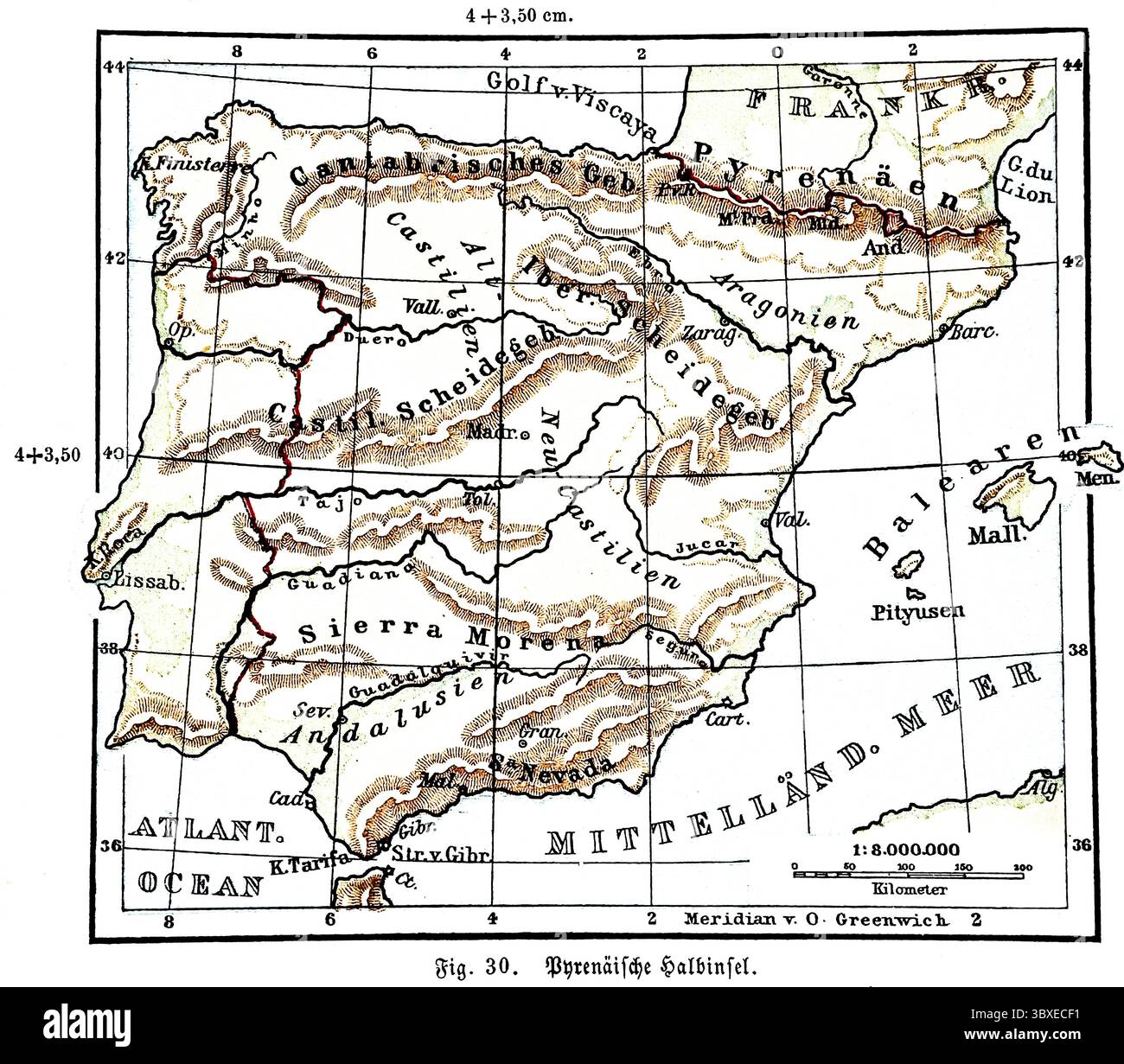 Péninsule pyrénéenne, carte géographique historique, topographie, Madrid, Lisbonne, Èbre, Tage, Pyrénées, montagnes Cantabriques, Sierra Nevada, îles Baléares Banque D'Images