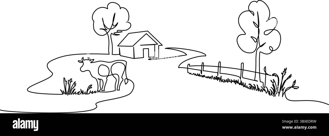 Maison de village avec clôture de route et vache. Dessin continu sur une ligne. Illustration de Vecteur