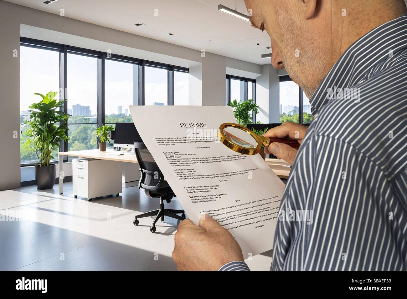 un homme lisant attentivement un cv dans le bureau Banque D'Images