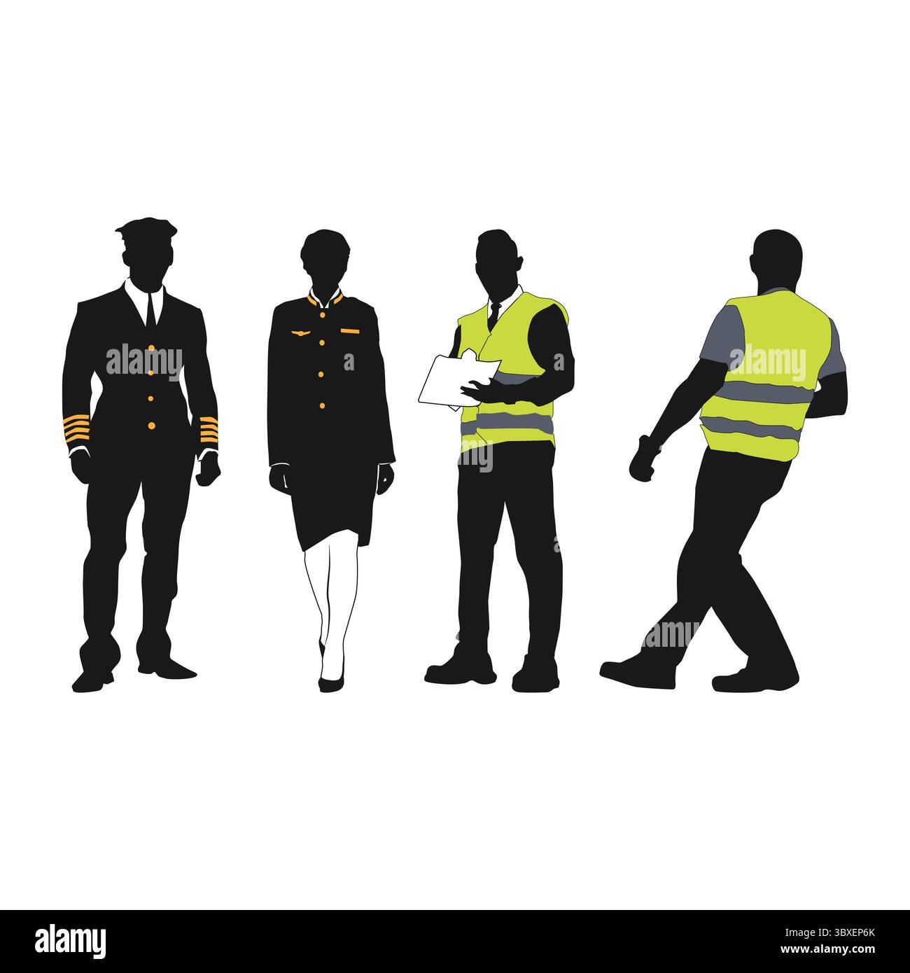 Pilote d'aviation et équipage en silhouette noire illustration vol 01 Illustration de Vecteur