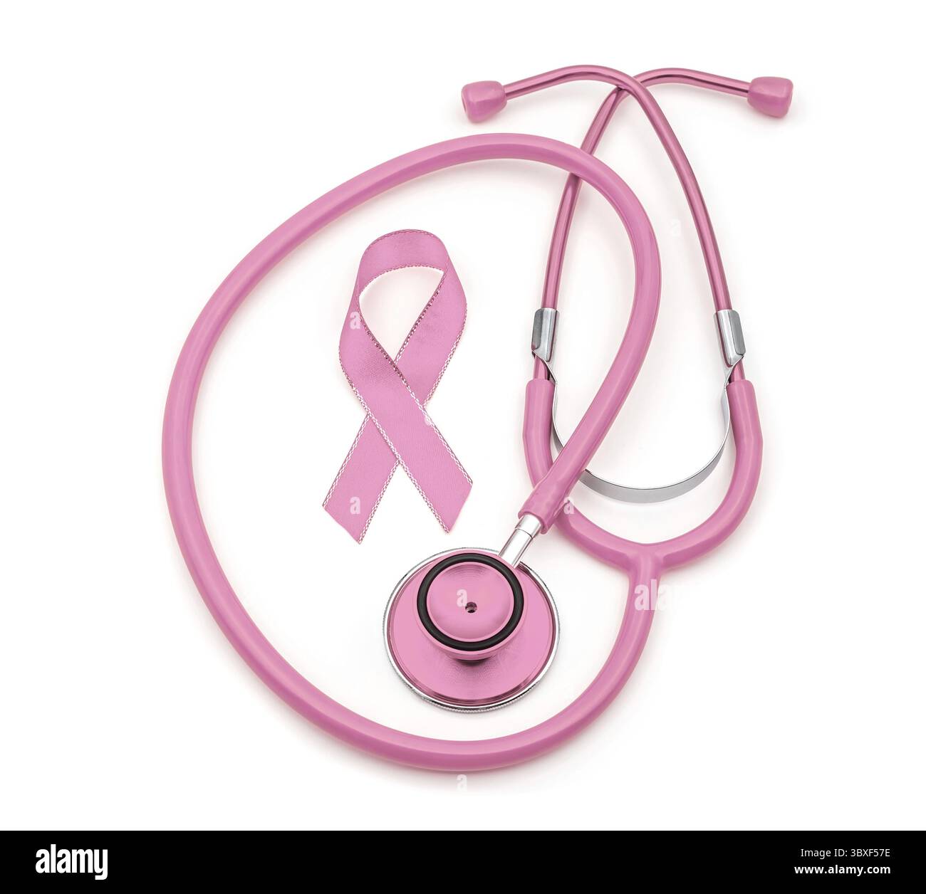 Vue du dessus photo du stéthoscope rose et ruban de soie rose symbole des aides à la conscience sur fond blanc isolé avec espace de copie Banque D'Images