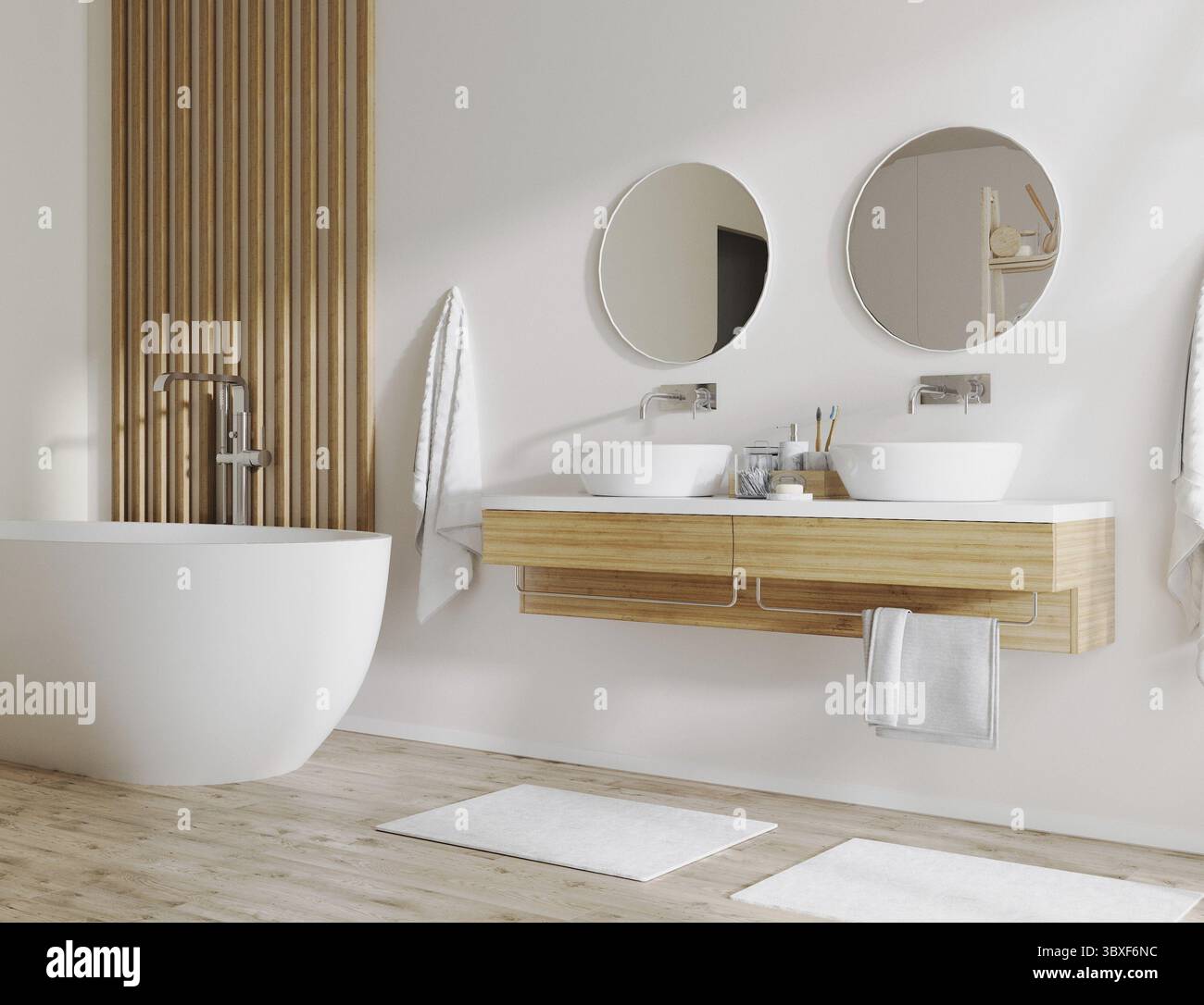 Salle de bain moderne avec des détails en bois et mur blanc, baignoire et double évier avec armoires, serviettes, accessoires de bain, rendu 3D. Banque D'Images